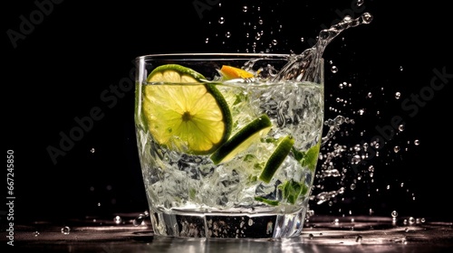 Gin Tonic with ice cubes, lemon and rosemary on black background. Alcohol Concept. Background with Copy Space.