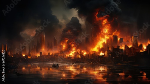 Modern city burning at a river created with Generative AI