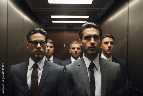 Businessman wearing suits inside an elevator, office elevator, man wearing suits, man wearing ties in an elevator