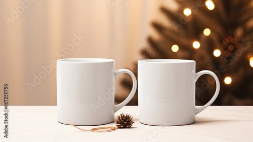 two blank white enamel mugs, elegantly adorned with Christmas decor and pineal motifs.