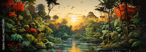 Egzotyczny tropikalny las nad jeziorem. 