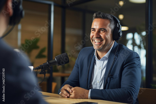 Portrait of entrepreneur interviewed on a radio podcast.