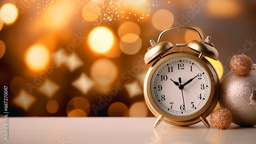Clock, Christmas decorations, close-up, gentle bokeh and warm color. Generative AI
