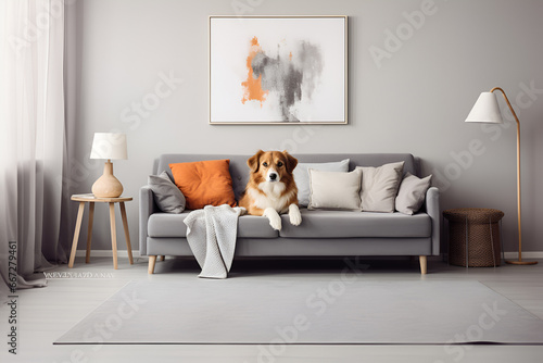 Stylish and scandinavian living room interior of modern apartment with gray sofa, design wooden commode, wooden table, lamp, abstract paintings on the wall. Beautiful dog lying on the couch 