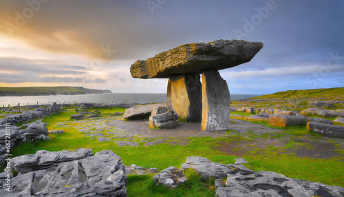 the iconic poulnabrone dolmen one of the most popular tourist attractions of the burren national park county clare ireland