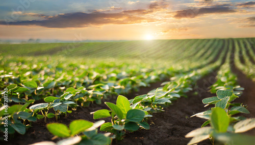 a field with beautiful rows of soybean sprouts soybean field at sunset in summer growing soybeans on a large scale