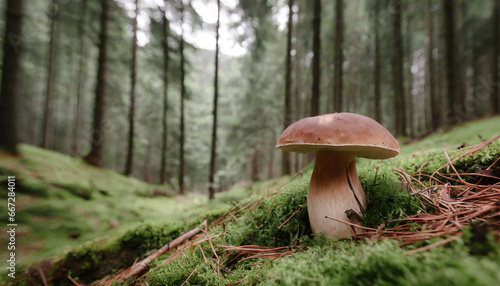 boletus in a beautiful forest with moss and conifers