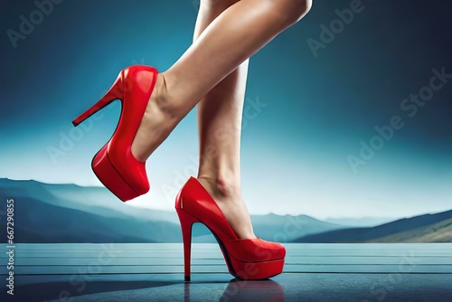 Female legs with red high heels in an urban environment