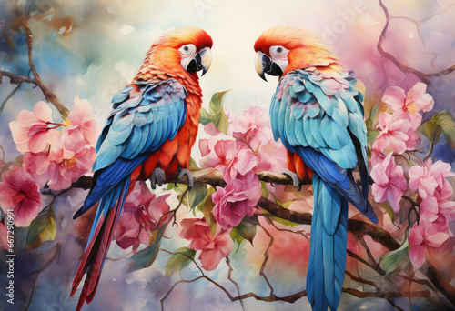 dwie papugi ary siedzące na gałezi na kolorowym tle