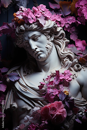 Rzeźba antycznego mężczyzny bohatera w fioletowych płatkach kwiatów. 