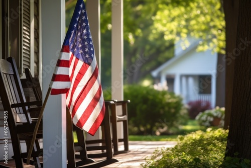 USA flag on porch of house unmistakably radiates sense of patriotism signifying national allegiance. Presence of USA flag on building porch expresses patriotism reflecting love for country.