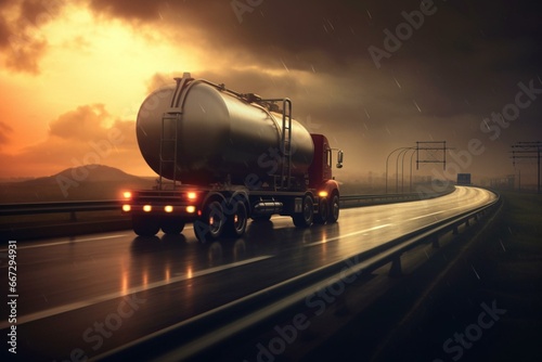 A speedy gasoline tanker truck hauling an oil trailer on a highway. Generative AI