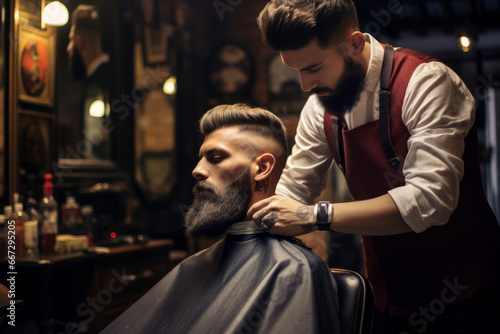 Handsome bearded man getting haircut by hairdresser while sitting in chair at barbershop. Hairstyle for modern man.