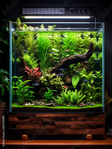 fish tank filled with guppies and neon tetras, vibrant plants like Java fern and Amazon Sword, against a brick wall background