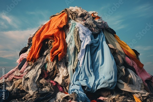 pile of discarded clothes in landfill. Generative AI