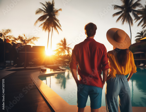 couple in holiday standing by the luxury hotel pool at sunset, tropical getaway