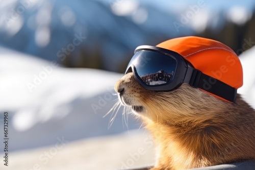 Murmeltiere im Gebirge mit Skibrille und Mütze