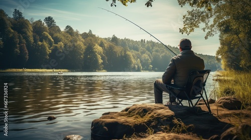 Anglers are enjoying a peaceful day, fishing along the banks of rivers and lakes, surrounded by nature