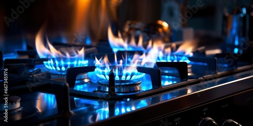 Gas stove in the kitchen. Closeup shot of blue fire from kitchen stove. Gas cooker with burning flames propane gas.
