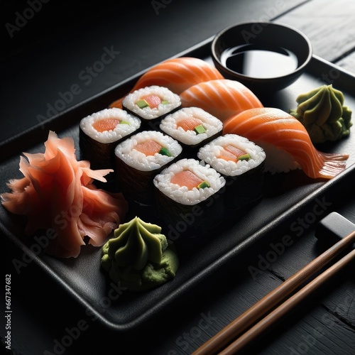 Sushi Assortment on Black Rectangular Plate