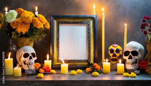 altar in memory of our beloved and unforgettable deceased in the celebration of the day of the dead decorated with skulls flowers and candles with empty photo frame halloween mockup