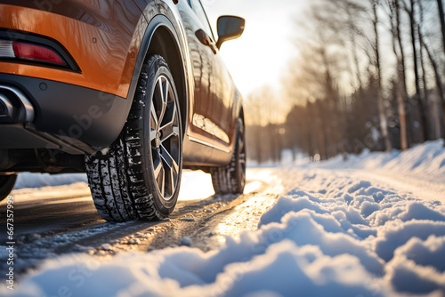 SUV car with winter tires on snowy highway, close-up view, space for text, Depicts family travel to a ski resort during winter or spring holidays,