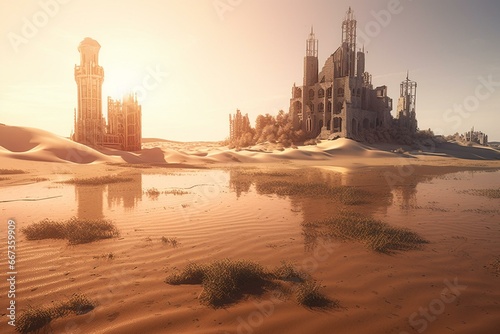 Fictional city submerged in desert sand during a catastrophic drought. Generative AI