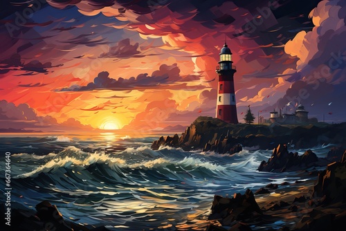 illustration of a lighthouse on a promontory at sunset
