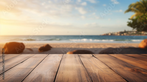 Empty wooden table top with blur background of seaside resort