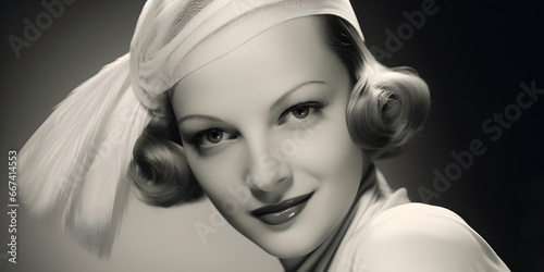 black and white studio portrait of happy woman, 1930s fashion