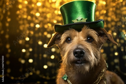 A canine sporting a leprechaun headgear surrounded by shimmering gold potations on St. Patrick's Day. Generative AI