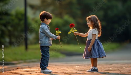 Child boy gives single rose to girlfriend in park, minimalism.