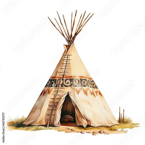 Hand drawn watercolor indigenous teepee, solitary white campground tent. Bohemian American wigwam