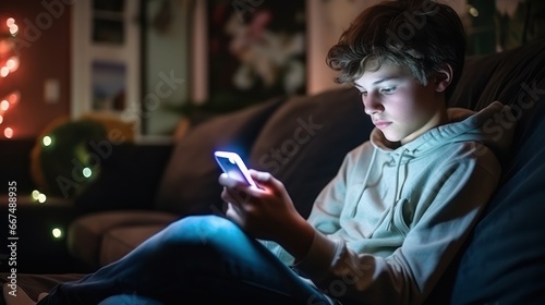 Young boy using smartphones sittingon a sofa at home, entertaining online obsessed with modern devices, gadget addiction