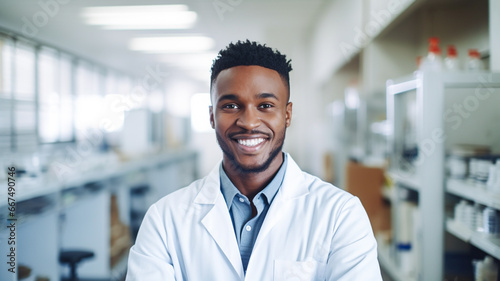Portrait of black young man wearing lab coat and smiling at camera in workshop of pharmaceutical factory. 