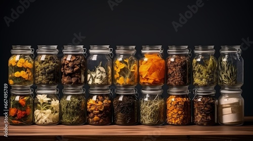 Herbal tea with diverse ingredients in jars for natural healing