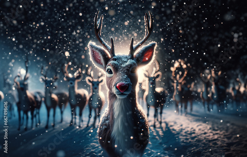 Rudolph The Red Nose Reindeer Looking Directly into Camera in North Pole Snowy Winter Wonderland Scene