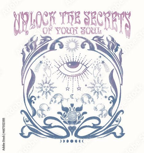  "Unlock the Secrets of Your Soul."Retro 70's psychedelic hippie element illustration print with groovy slogan for man - woman graphic tee t shirt or sticker poster - Vector