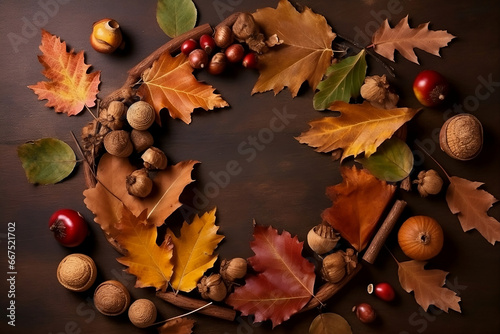 autumn leaves and chestnuts. 