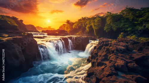 Waterfall in the mountains at sunset. Natural landscape background. Ai generative.