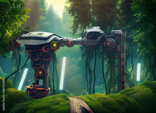 illustration of a forest scene that blends with technological advances