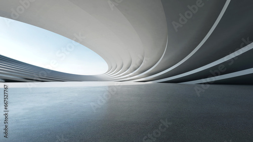 3d render of abstract futuristic architecture with empty concrete floor. Scene for car presentation.