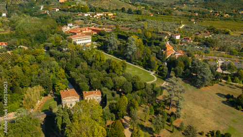 Aerial view of the Villa Reale of Marlia. It is a late-Renaissance palace with large gardens. It is located in Capannori, in the Province of Lucca, Tuscany, Italy.