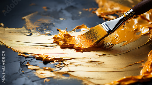 Isolated Paintbrush Applying Gold Leaf to a Canvas