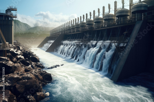 A picture of a large dam with water flowing over it. This image can be used to depict the power and beauty of nature, as well as engineering and infrastructure projects.