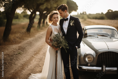 Bride and groom, vintage car.