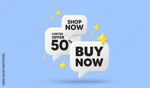 Buy Now tag. 3d offer chat speech bubbles. Special offer price sign. Advertising Discounts symbol. Buy now speech bubble 3d message. Talk box stars banner. Vector