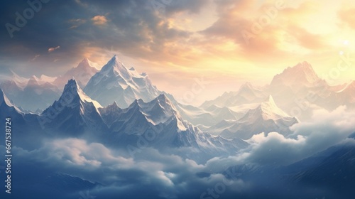 Majestic mountains covered in snow, piercing through a blanket of clouds.