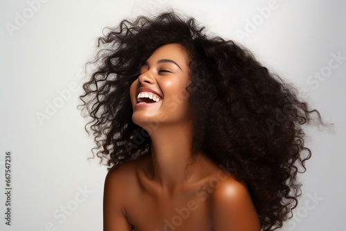 Generative AI : Beauty black skin woman African Ethnic female face. Young african american model with long afro hair.