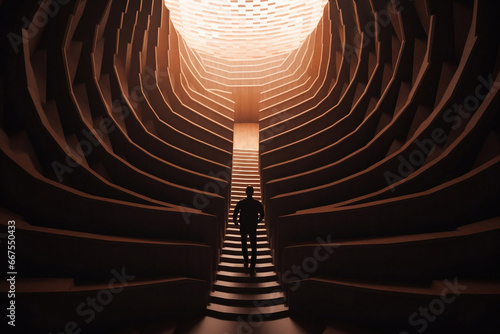 Magical infinite staircase and person standing on it generative ai